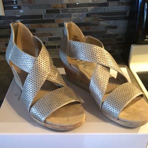 Gold perforated leather wedge sandal